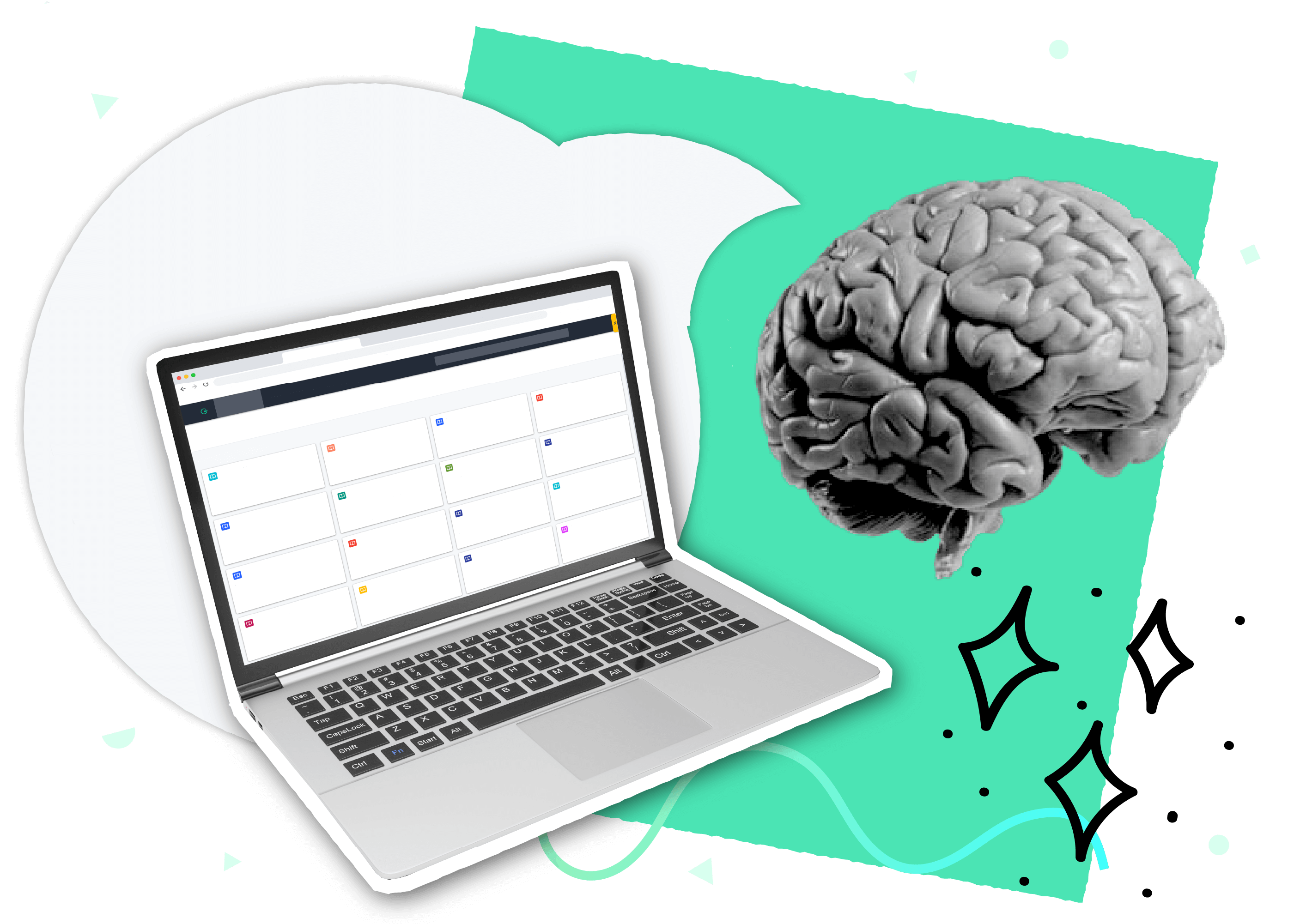 A collage containing a laptop displaying Guru's webapp, a brain, and a speech bubble