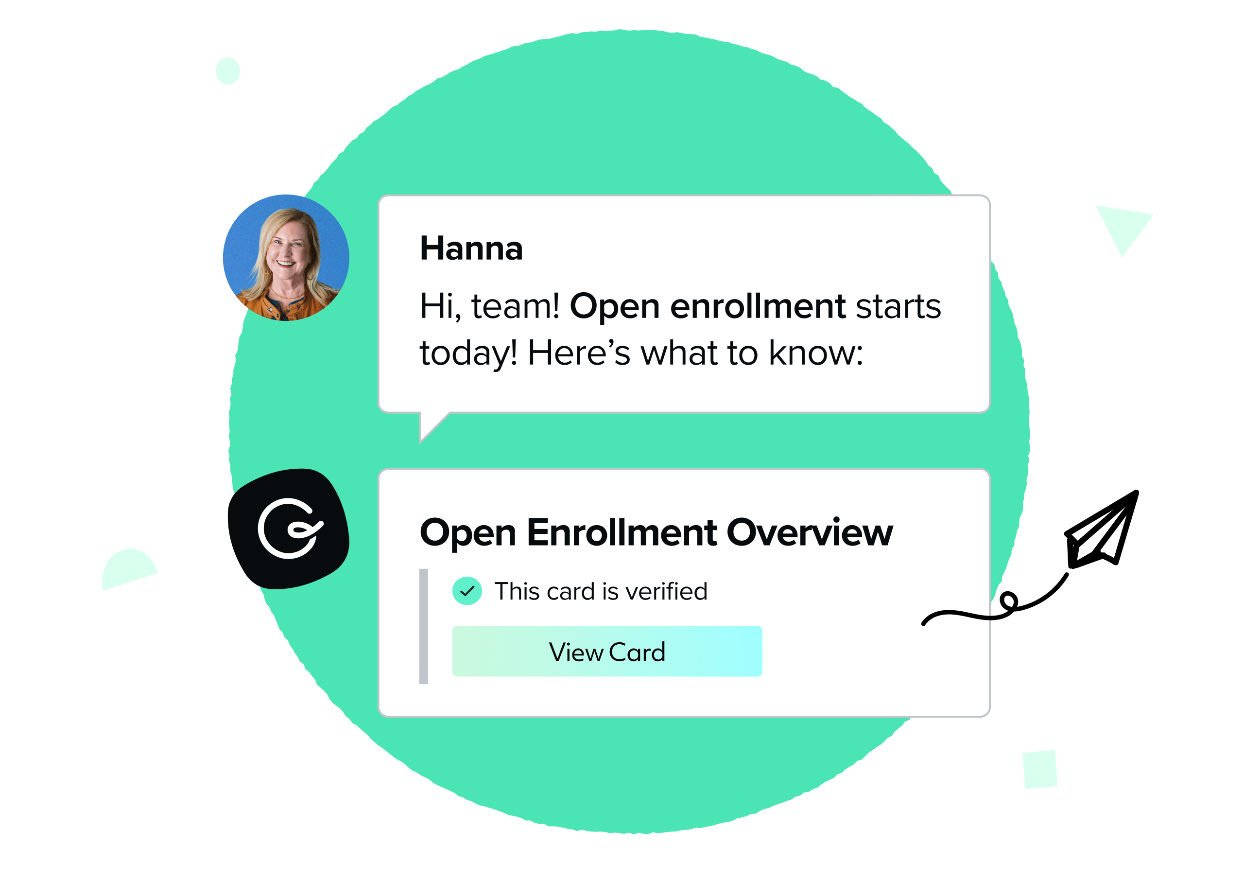 Guru being used to surface an Open Enrollment Overview directly in Slack