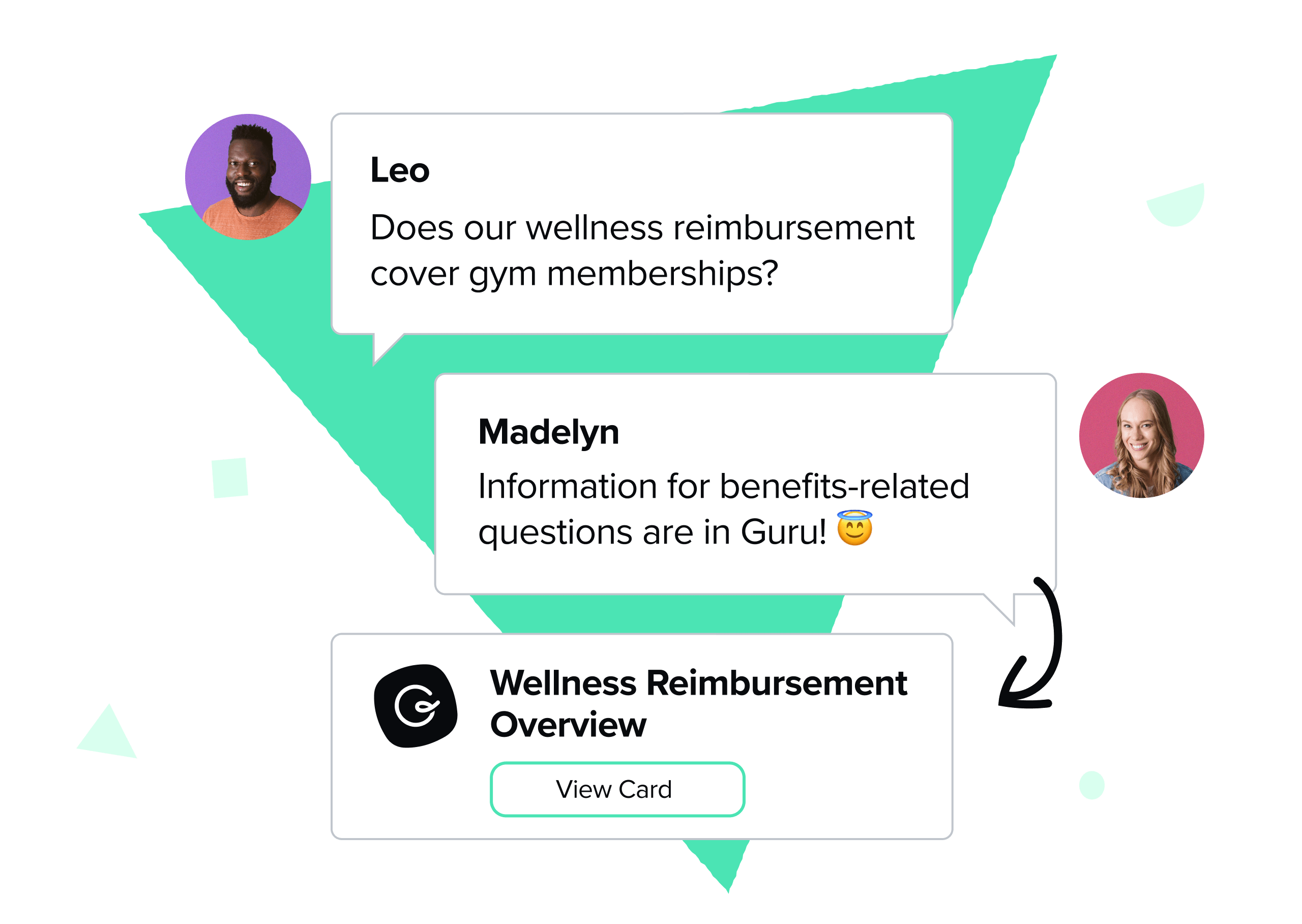 Someone using Guru to answer a a question about a company's wellness reimbursement directly in Slack